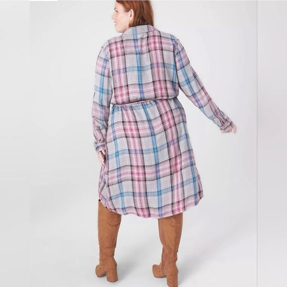 Lane Bryant Gray Pink&Blue Plaid Button Front Shirt Dress Sz.28W NWT - Picture 3 of 16
